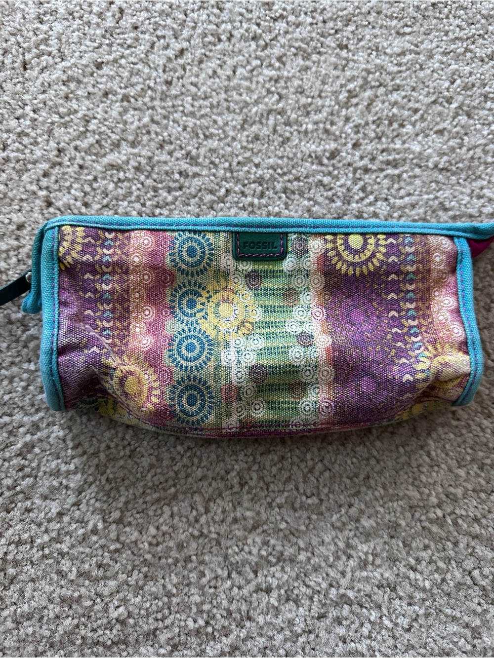 Vintage Fossil Multicolor Patterned Zip Pouch - Teal Trim